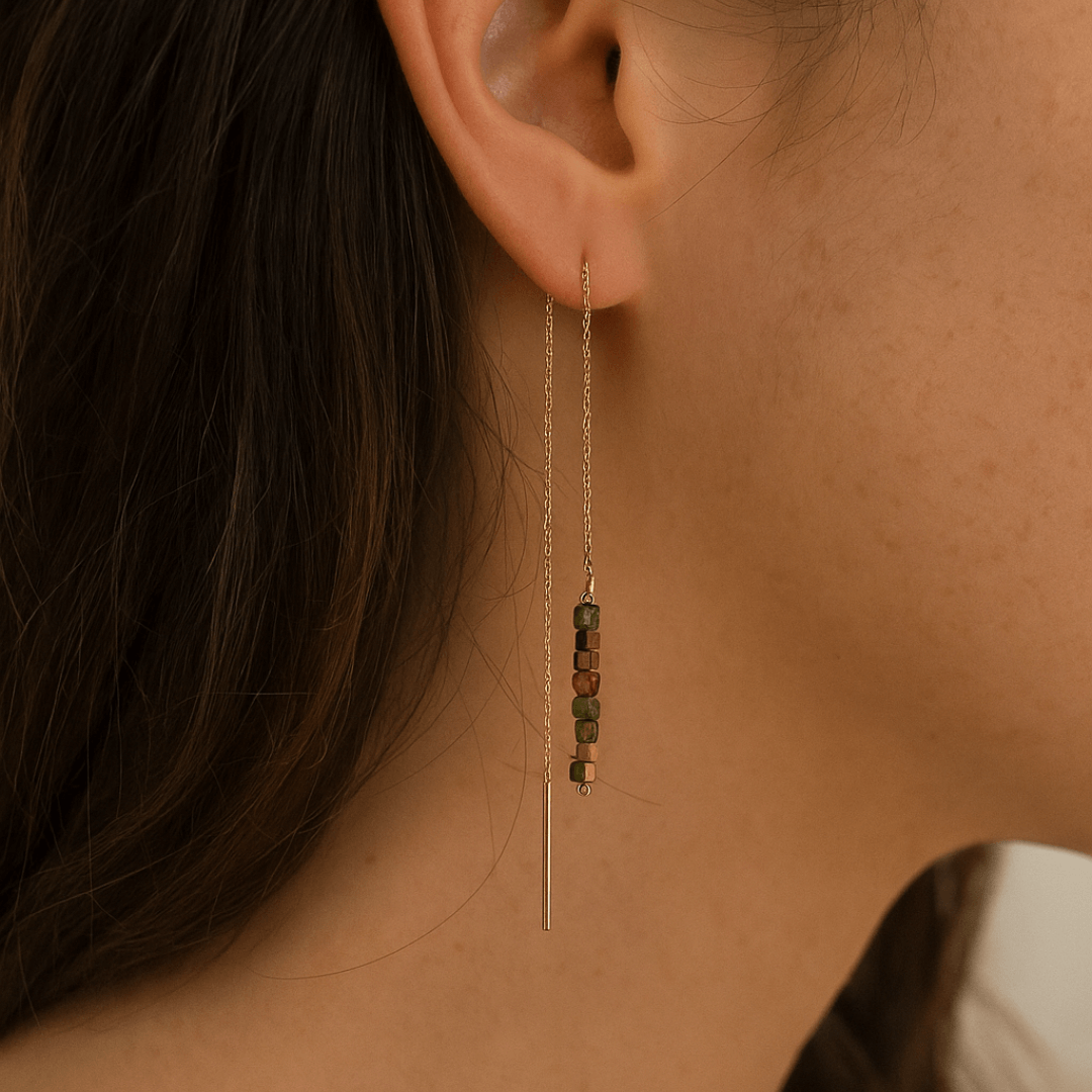 Boucles d'oreilles en Diopside, Grenat lie de vin, perles Miyuki carrées et chainette Gold-Filled