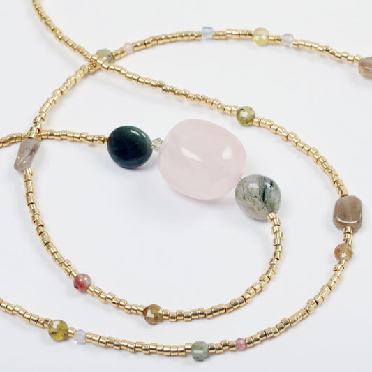 Collier en Miyuki, Tourmaline, Quartz, Cristal, Swarovski, Turquoise africaine, Fluorine et fermoir en Gold-filled
