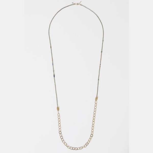 Sautoir long en Aventurine, Grenat lie de vin, Tourmaline, perles japonaises dorées Miyuki