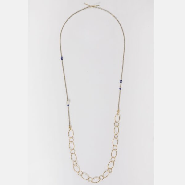 Sautoir en Nacre, Lapis-lazuli, perles japonaises Miyuki dorées et chaine plaquée or