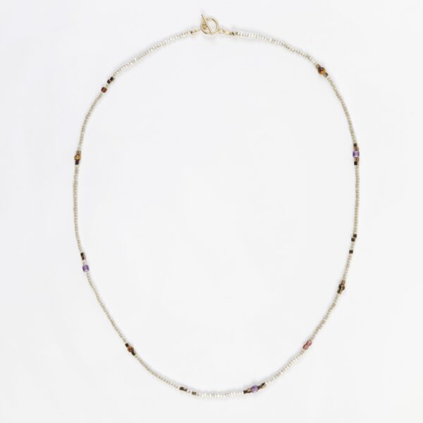 Collier en Améthystes, Oeil de tigre, perles Grenat lie vin et perles Miyuki carrées