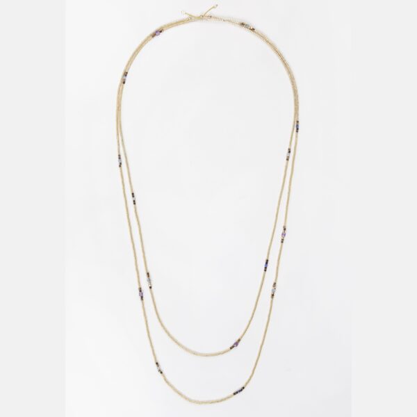 Sautoir à porter en double tour en Perles Miyuki dorées, Améthyste, Sodalite, Fluorine Lapis-lazuli