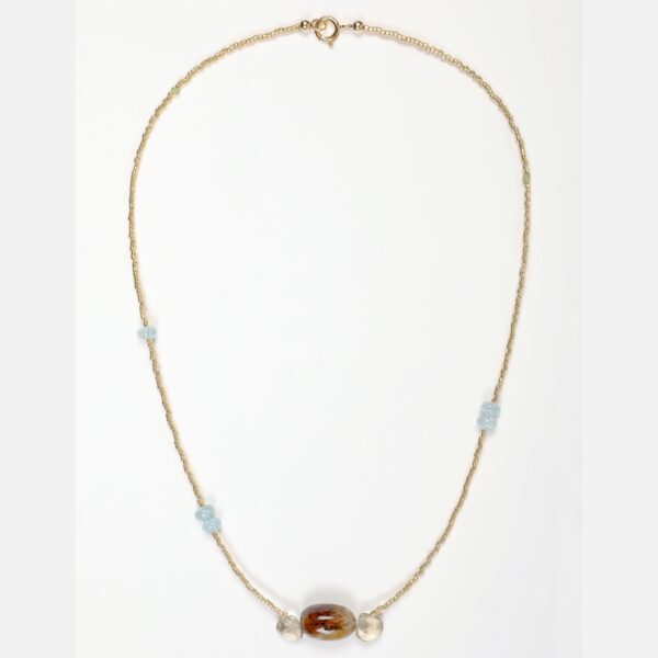 Collier en pierres fines et perles Miyuki, Aigue-marine, Quartz et fermoir Gold-filled